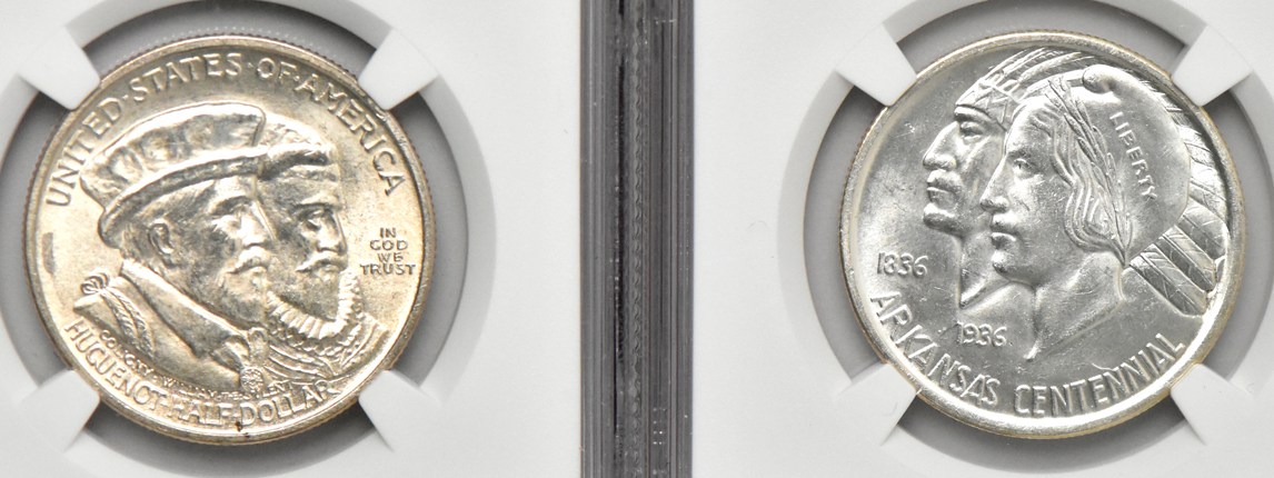 Five silver commemorative half dollars, all NGC MS-64