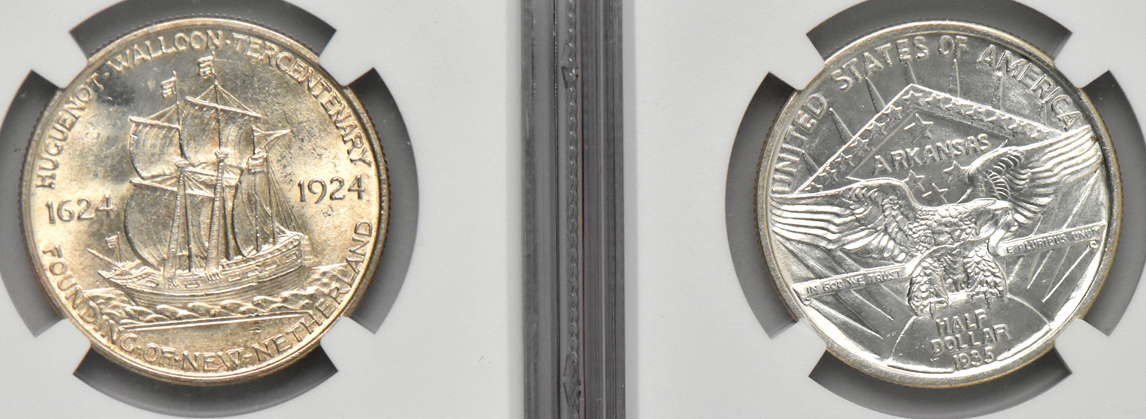 Five silver commemorative half dollars, all NGC MS-64