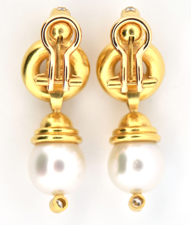 19K Yellow Gold Diamond and Pearl Earrings