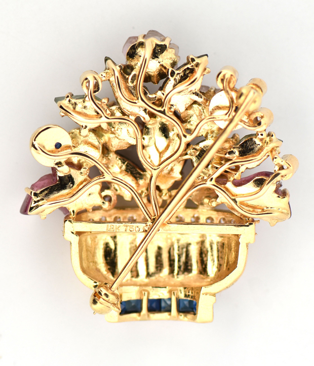 18K Gold Diamond Gemstone Floral Brooch