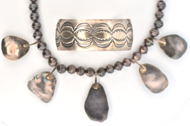 Native American Sterling Silver Cuff and Turquoise Necklace 