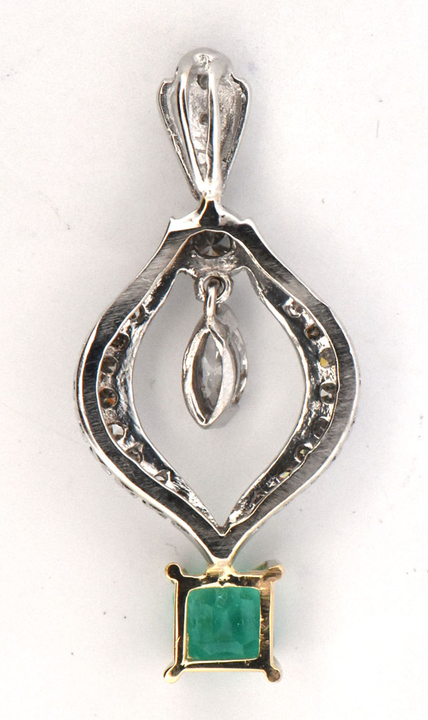 14K White Gold Diamond and Emerald Pendant