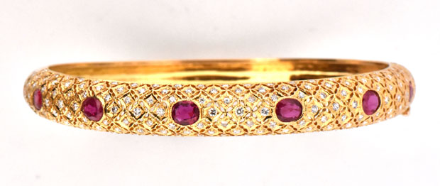 18K Yellow Gold Ruby and Diamond Bangle, GIA #2235962203