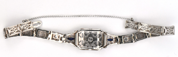 14K White Gold Diamond and Sapphire Filigree Bracelet