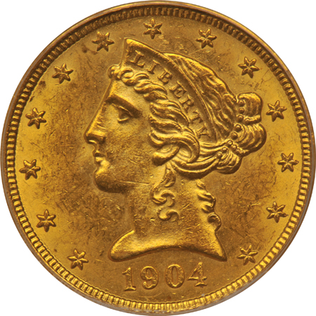 1904 Liberty half-eagle, and a 1908 Indian half-eagle, both PCGS MS-60 (green label)