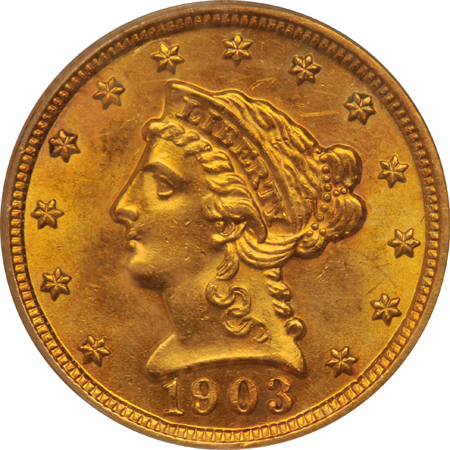 1903 Liberty quarter-eagle, and a 1927 Indian quarter-eagle, both PCGS MS-60 (green label)