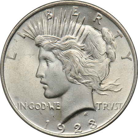 Four Morgan dollars and a Peace dollar, all UNC