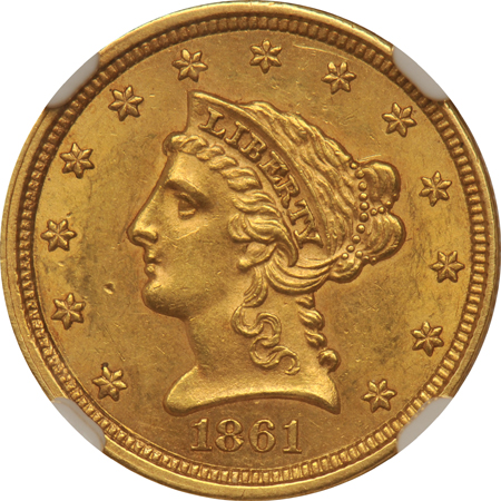 1843-O Large Date XF-40, 1855 AU-55, and an 1861 Type 2 AU-58, all NGC