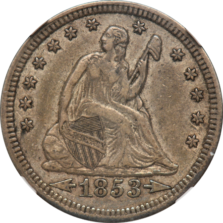 Three 19th century quarters, plus an 1875-CC twenty-cent piece, all certified