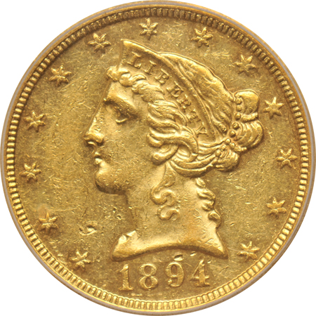 1894-O $5 Liberty ICG AU-58, and a 1912-S $5 Indian as described