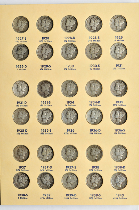 Nearly complete set of Mercury dimes in a Library of Coin album