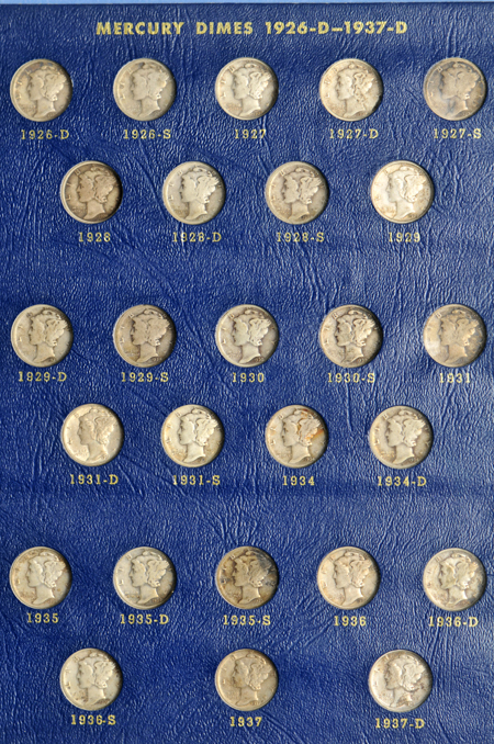 Complete collection of Mercury dimes in a Whitman 9413 album