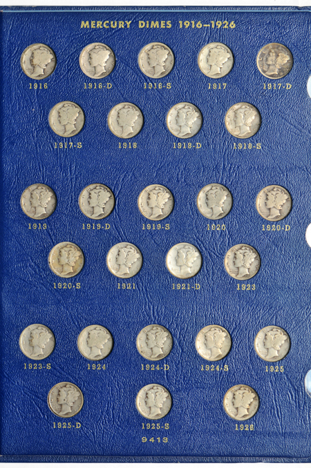 Complete collection of Mercury dimes in a Whitman 9413 album