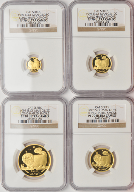 Isle Of Man - 1997 Gold Long-Haired Smoke Cat five coin set, all PR-70 except 1oz PR-69