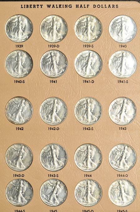 Nearly complete collection of Walking Liberty half-dollars in a Dansco 7160 album