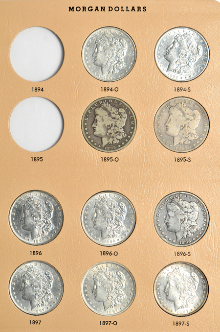 Forty-five different Morgan dollars, 1894 through 1921-S, in a Dansco 7179 album