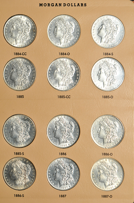 Forty-five different Morgan dollars, 1878 through 1890-S, in a Dansco 7178 album