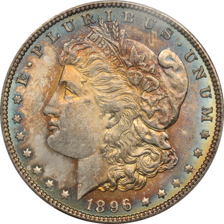 Seven toned Morgan dollars, six NGC MS-65, and one PCGS MS-64+ CAC