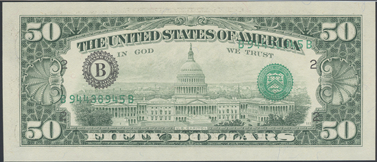 1988 $50 New York Error, Overprint on Back, Fr# 2123B - PCGS GemCU-66 EPQ