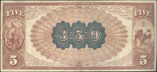 1882 $5 Brown Back - Boston, MA Charter #359 - VF
