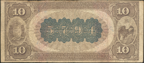 1882 $10 Brown Back - Paris, MO Charter #5794 - F