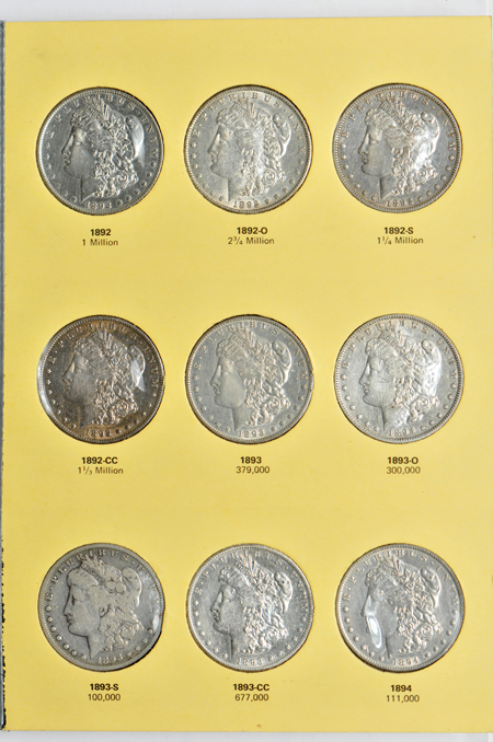 Collection of Morgan dollars dated from 1887 through 1897 (no 1895)