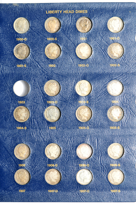 Complete collection of Barber dimes in a Whitman Classic 9117 album