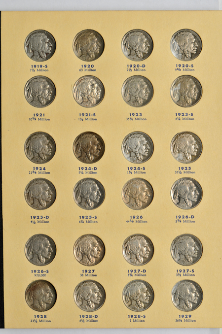 Nearly complete collection of Buffalo nickels, all but the 1918/7-D, in a Library of Coins album