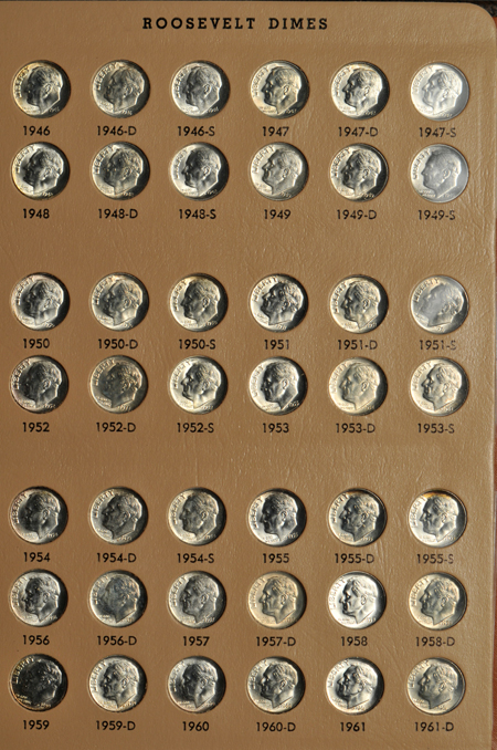 Collection of Franklin half-dollars and Roosevelt dimes in albums