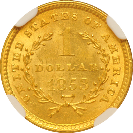 1853 gold dollar NGC MS-63, and an 1857 Liberty quarter eagle NGC MS-61