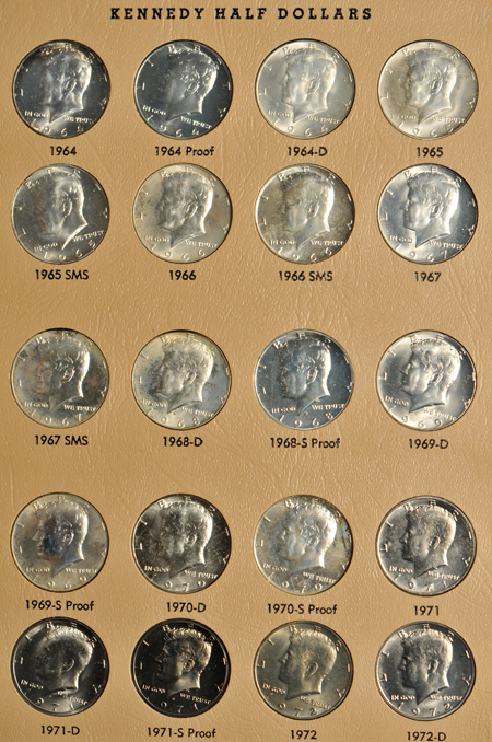 Collections of Roosevelt dimes, Washington quarters, and Kennedy half-dollars in Dansco albums