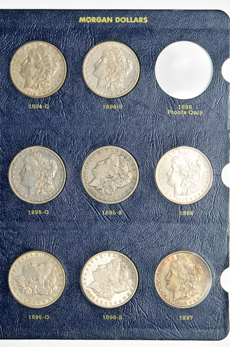 Collection of Morgan dollars 1892 through 1921-S, all but the 1895, in a Whitman 9129 album