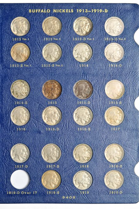 Nearly complete collection of Buffalo nickels in a Whitman 9408 album