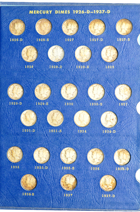 Nearly complete collection of Mercury dimes in a Whitman 9413 album