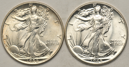 Fourteen BU Walking Liberty half-dollars