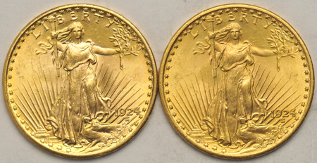 Four BU Saint-Gaudens Double Eagles, three 1924 and one 1927