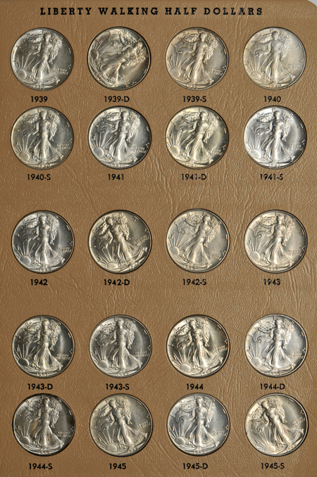 Collection of Walking Liberty half-dollars in a Dansco 7160 album