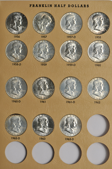 Complete collection of Franklin half-dollars in a Dansco 7165 album