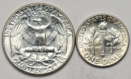 Fifteen rolls of BU silver Washington quarters, and eight rolls of BU Roosevelt dimes