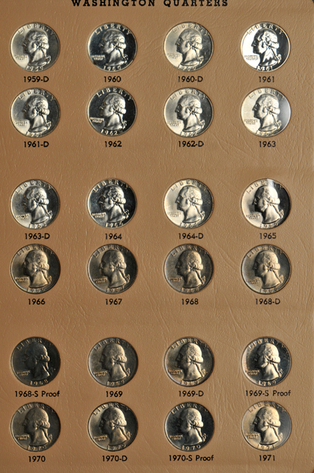 Complete Washington quarter collection 1932 through 1998-S silver, including proof-only issues, in a Dansco 8140 album
