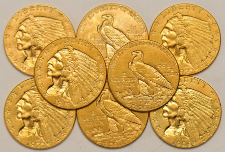 Eight Indian-head quarter eagles, AU/BU