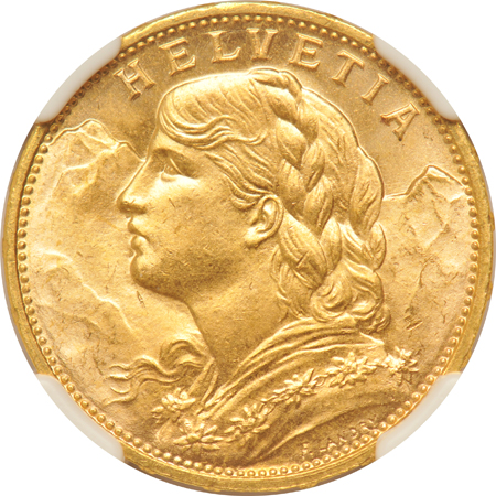 World - 1915-B Switzerland 20F MS-66, and a 2009 1/10oz gold Isle of Man Bi-Metallic PF-69, both NGC