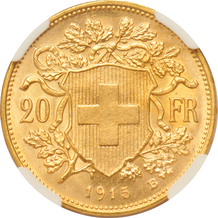 World - 1915-B Switzerland 20F MS-66, and a 2009 1/10oz gold Isle of Man Bi-Metallic PF-69, both NGC