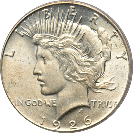 1926 Peace dollar MS-64, 1936 Walking Liberty half-dollar MS-63, and a 1942 Walking Liberty half-dollar MS-64. all PCGS