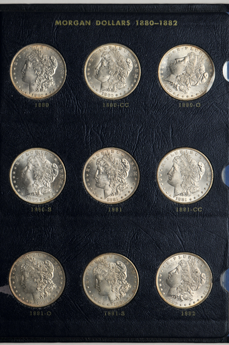 Collection of 36 Morgan silver dollars, 1878 through 1886-S, in a Whitman 9427 album