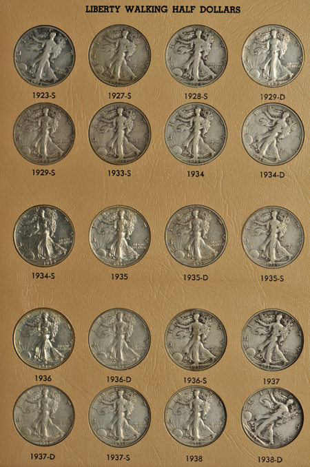 Complete collection of Walking Liberty half-dollars in a Dansco album