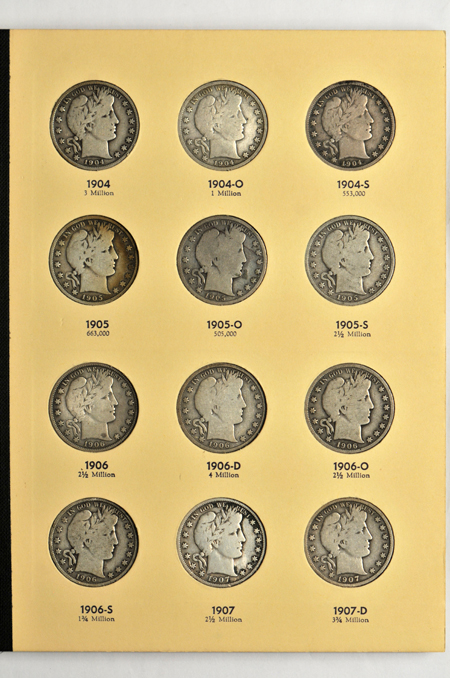 Collection of Barber half-dollars in two Library of Coins albums