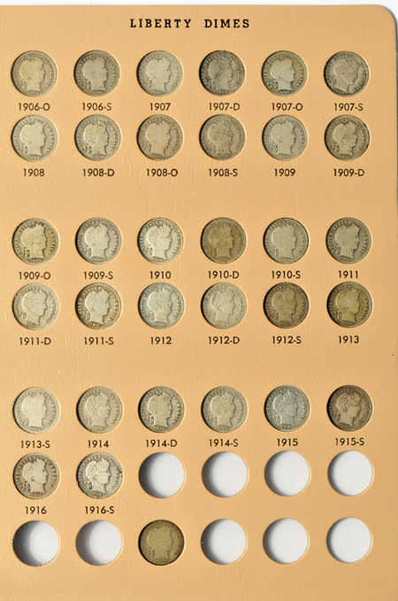 Complete collection of Barber dimes, plus bonus, in Dansco 7121 album