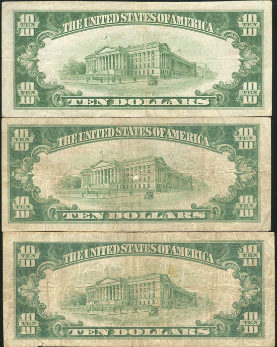 Three 1929 $10, as described