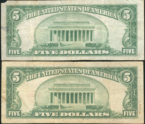 Two 1929 $5 Type 2, as described